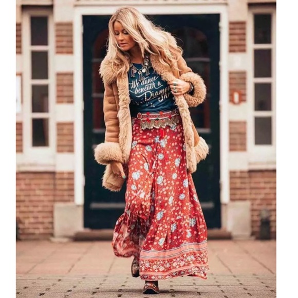 SOLD OUT Red Floral Gypsy Boho Button Up Maxi Skirt - Picture 7 of 14